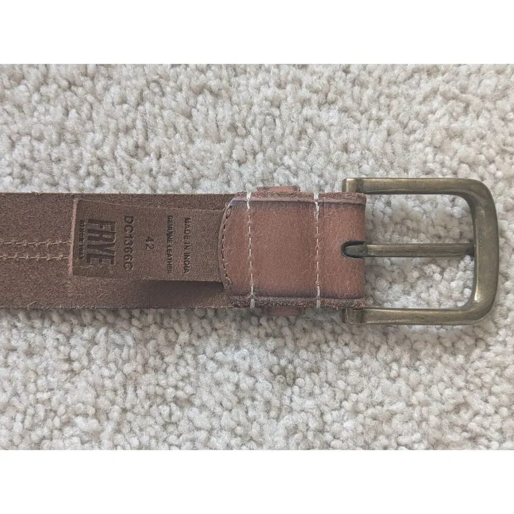 Frye Brown Leather Belt w/ White Contrast Stitching & Brass Hardware Sz 42